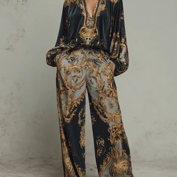 Baroque Ornate Floral Print Top And Wide-leg Trousers Casual Suit