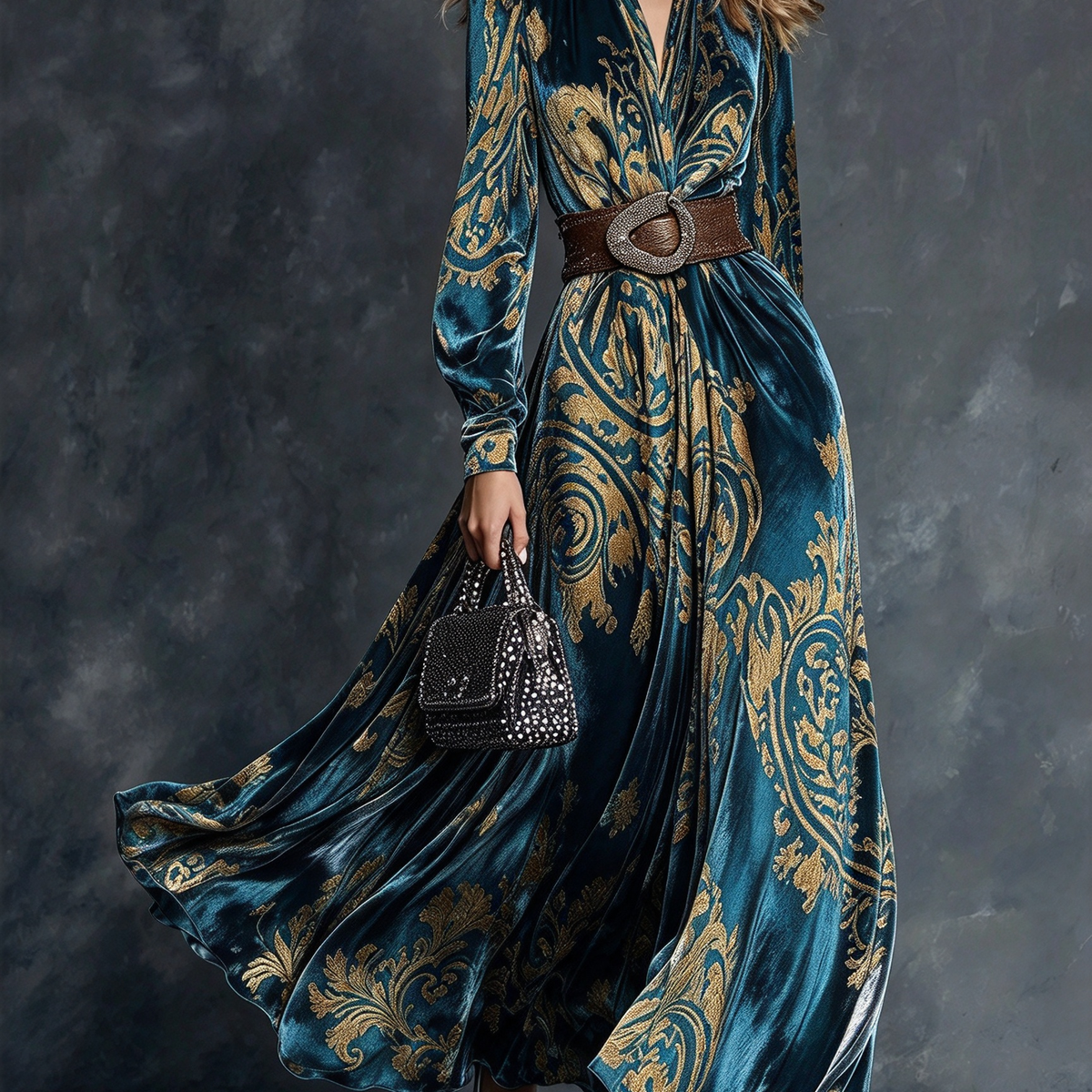Teal Blue & Gold Baroque Print Maxi Dress