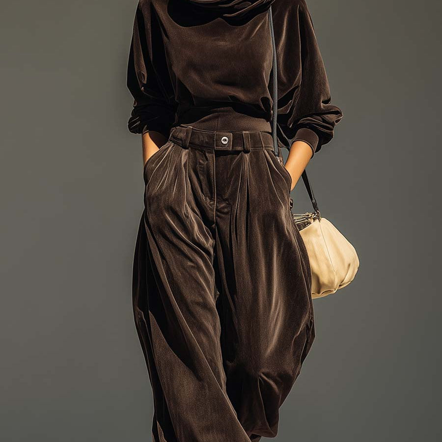 Vintage brown velvet hoodie and loose-fitting trousers set(Includes belt)