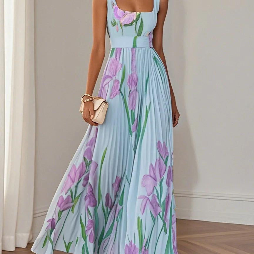 White Pleated Floral Chiffon Square Neck Sleeveless A-Line Maxi Dress