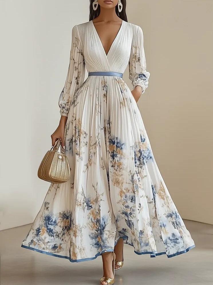 Pleated V-neck 3/4 Sleeves Chiffon Long Dress Spa main image 1