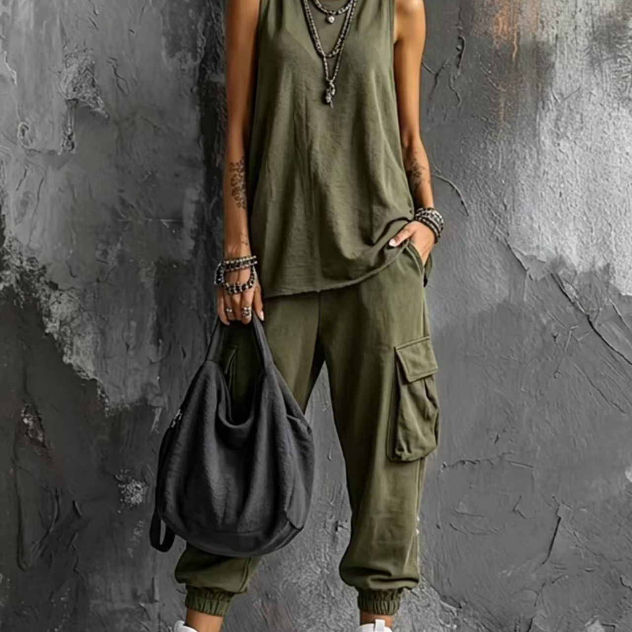 Dark Gray Vest And Jogger Cargo Pants Casual Suit