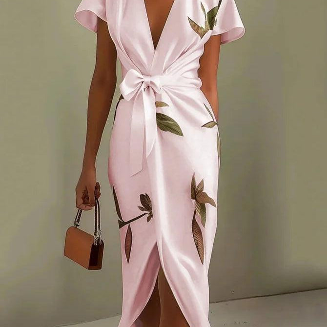 White Leaf Short Sleeve Satin Wrap Sheath Midi Dress