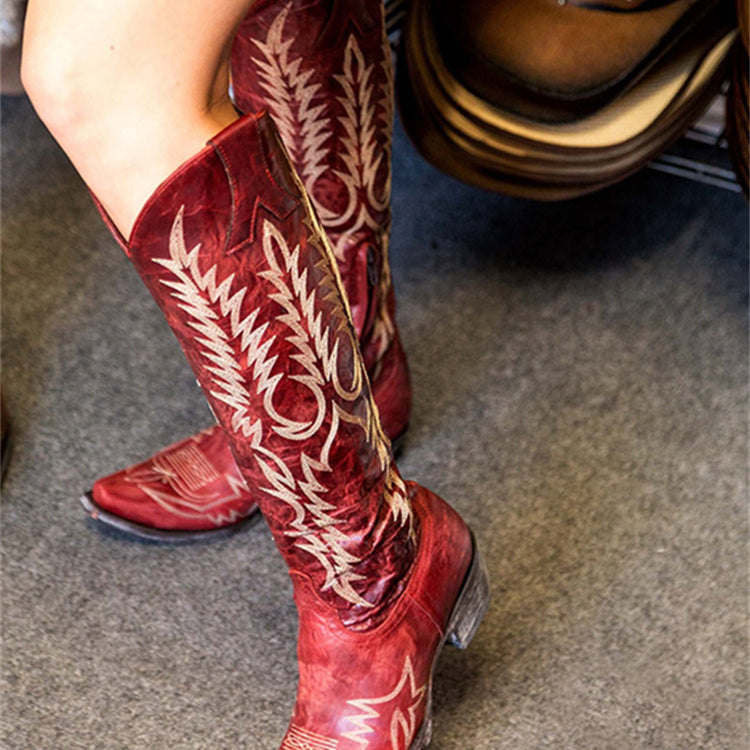 Vintage Western Cowboy Embroidered Knee-High Boots