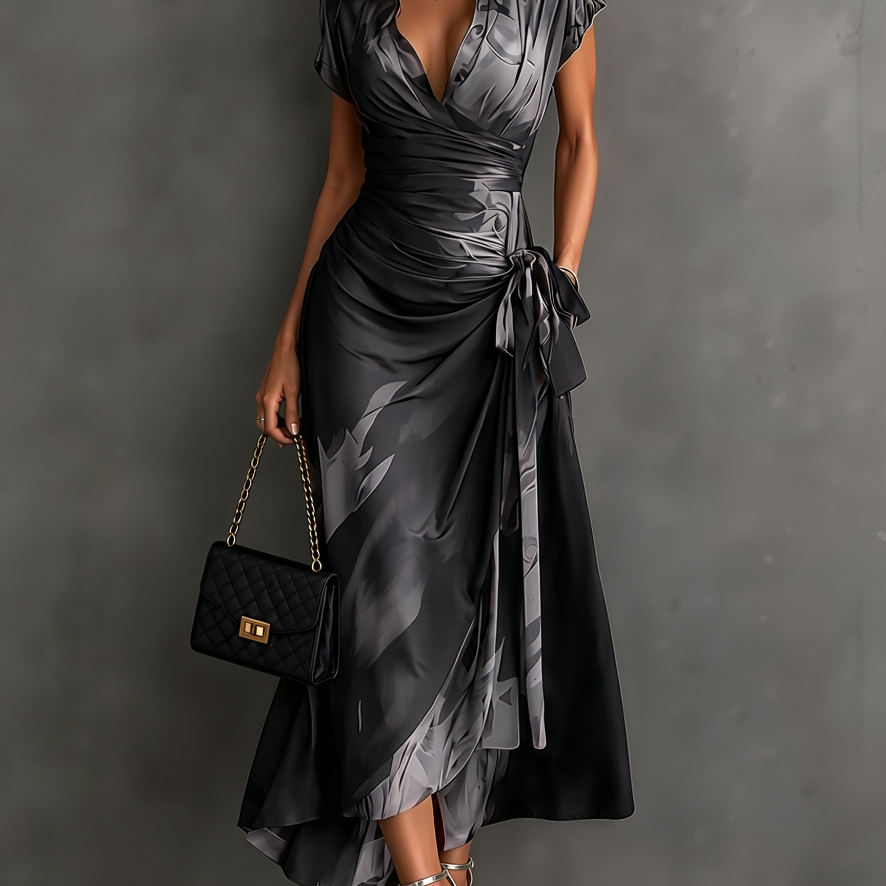 Red Black Abstract Print Wrap Midi Dress Collared V Neck Short Sleeve Tie Waist Ruffled High‑Low Hem Dress
