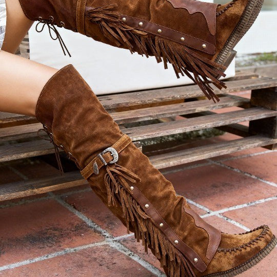 Women's over-the-knee tassel rivet flat high boots