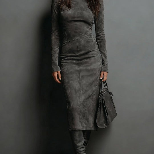 High Neck Long Sleeve Suede Midi Dress