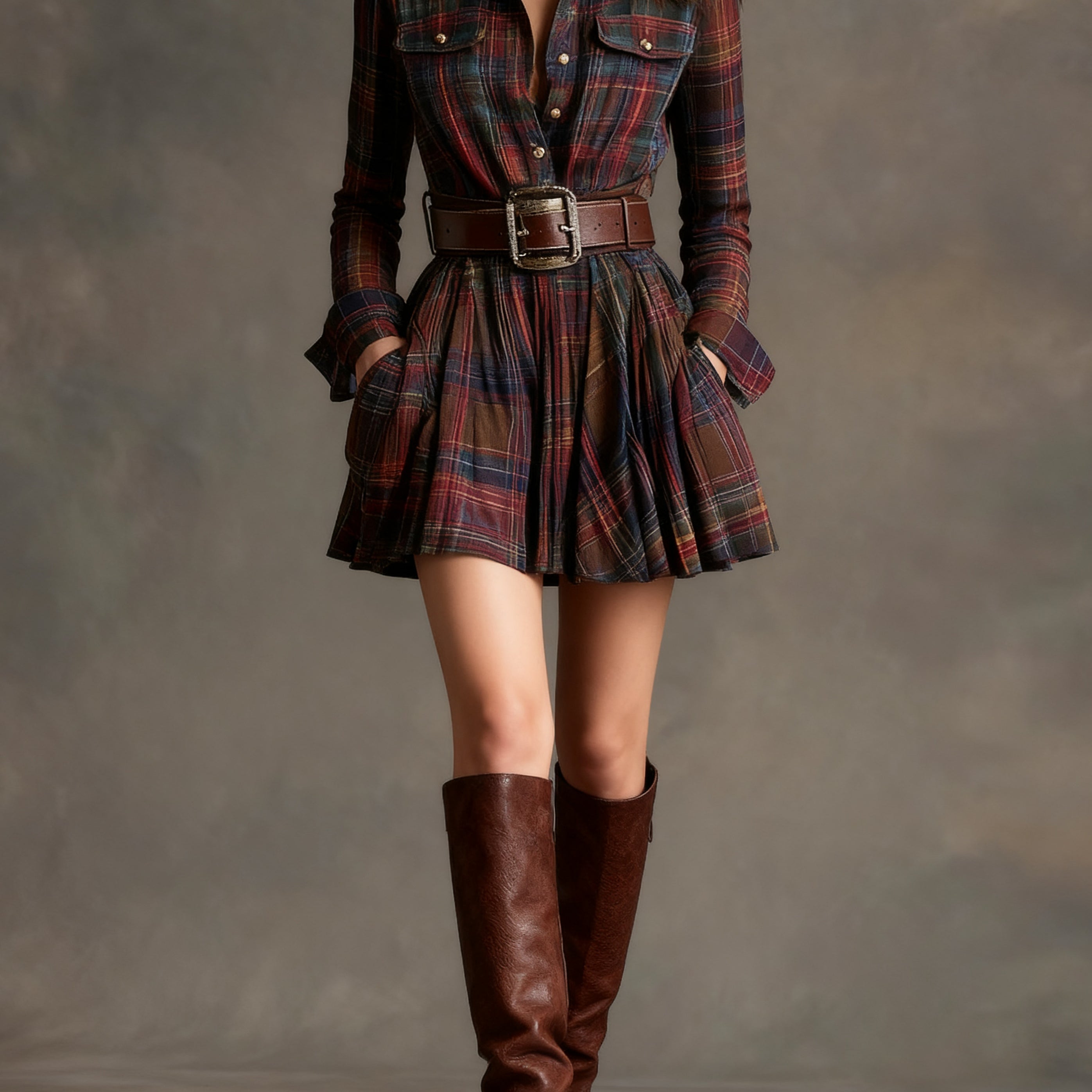 Vintage Lapel Red and Brown Plaid Mini Dress(Includes belt)