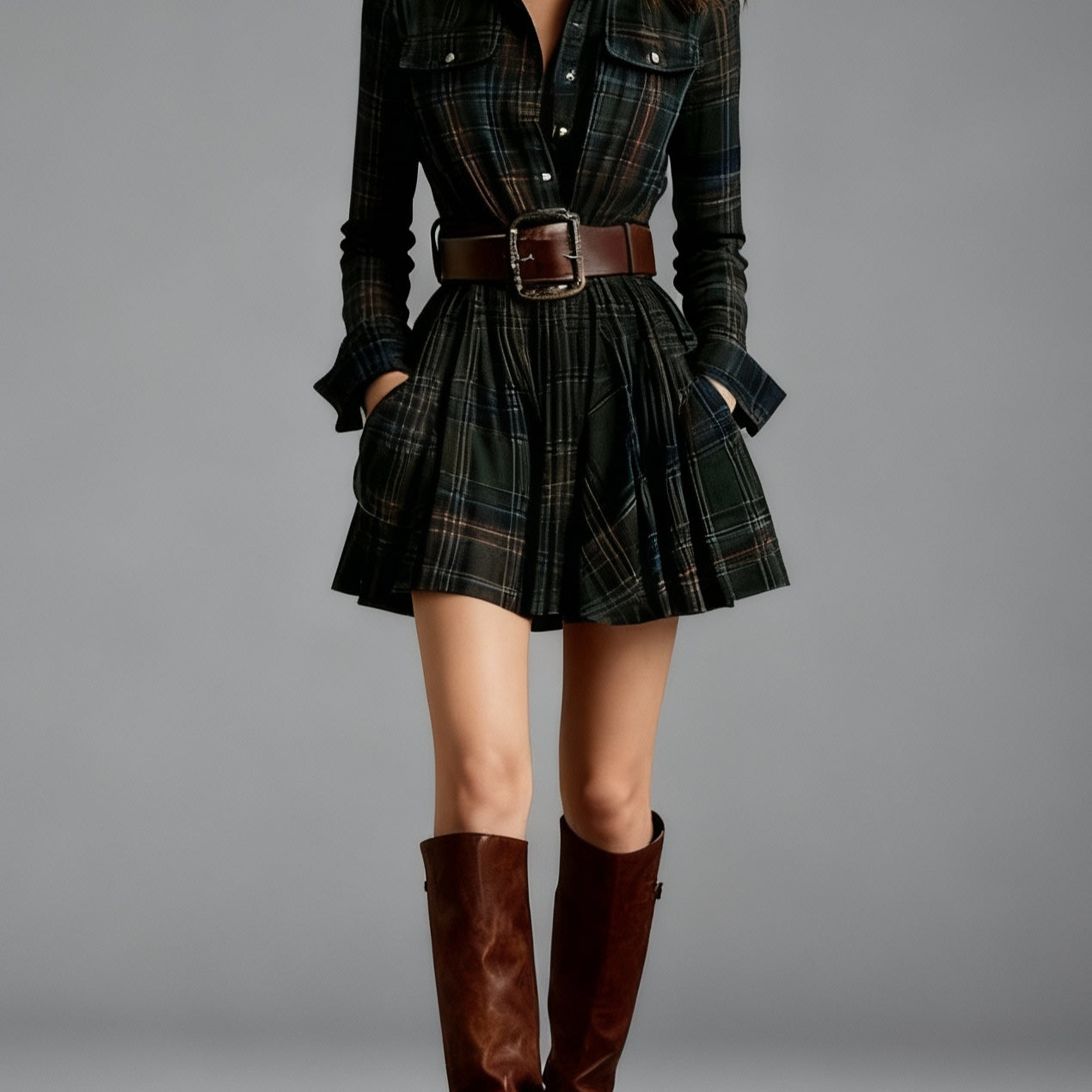 Vintage Lapel Red and Brown Plaid Mini Dress(Includes belt)