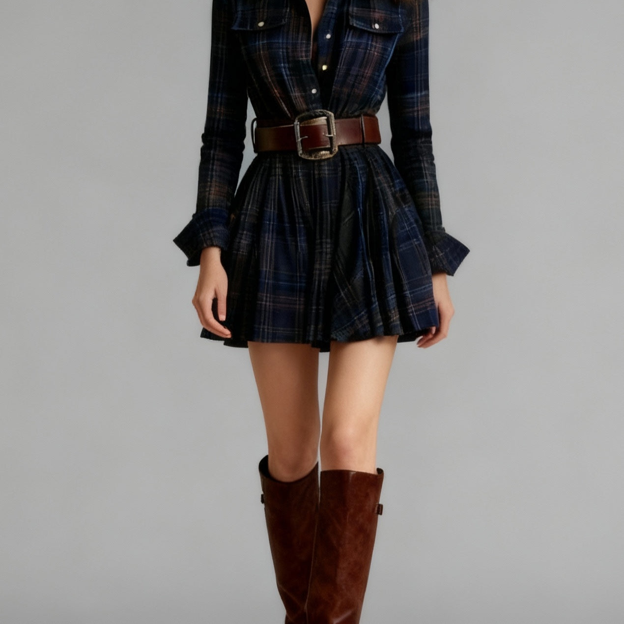 Vintage Lapel Red and Brown Plaid Mini Dress(Includes belt)