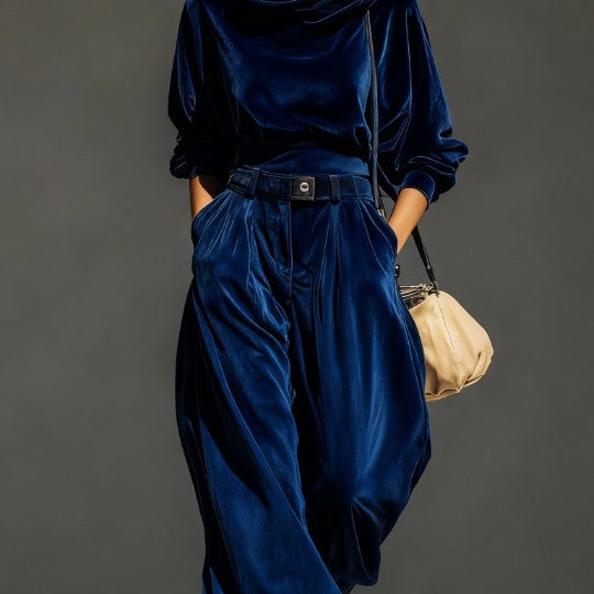 Vintage brown velvet hoodie and loose-fitting trousers set(Includes belt)