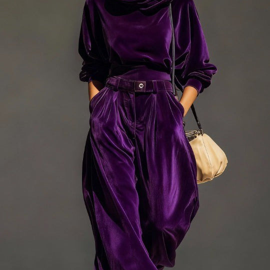 Vintage brown velvet hoodie and loose-fitting trousers set(Includes belt)