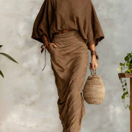 Round neck batwing sleeve top and long skirt set