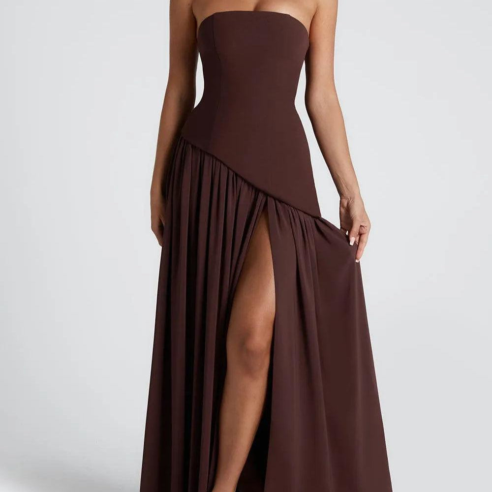 Strapless Slit Ribbon Maxi Dress