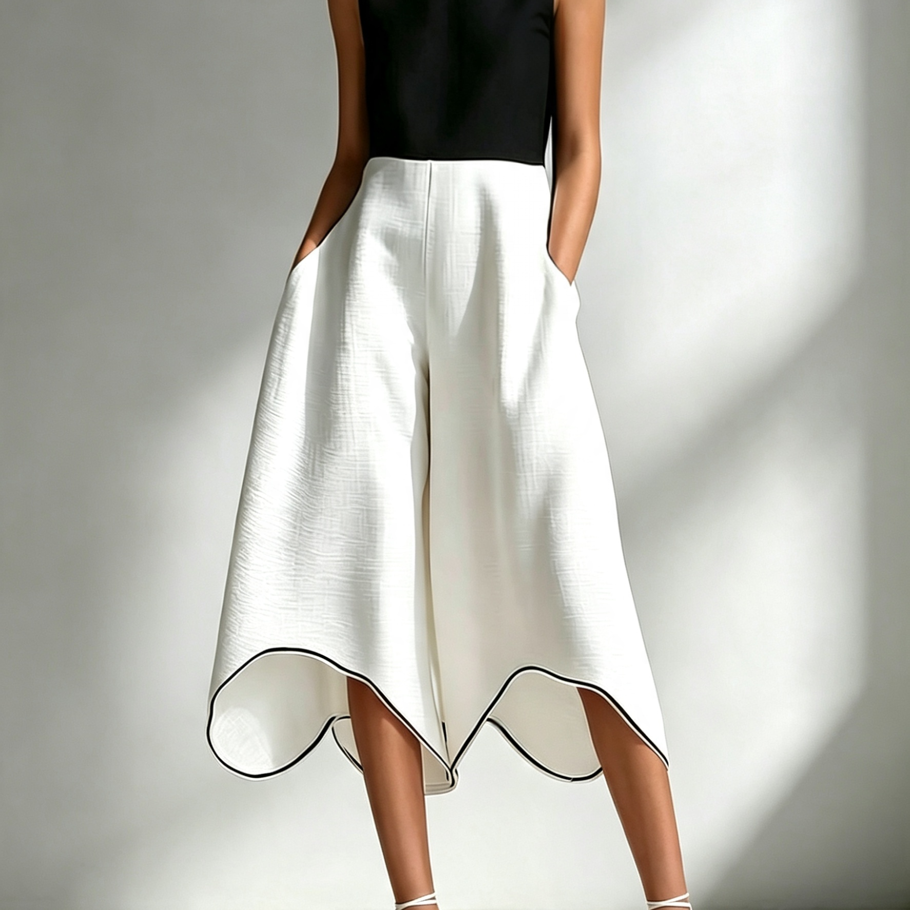Women Black-White Sleeveless Asymmetric Wide Leg Two Piece Set