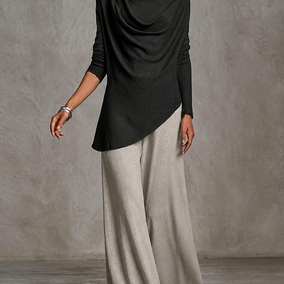 Black Draped Cowl Off Shoulder Long Sleeve Top & Light Heather Grey Wide Leg Pants Two Piece Set