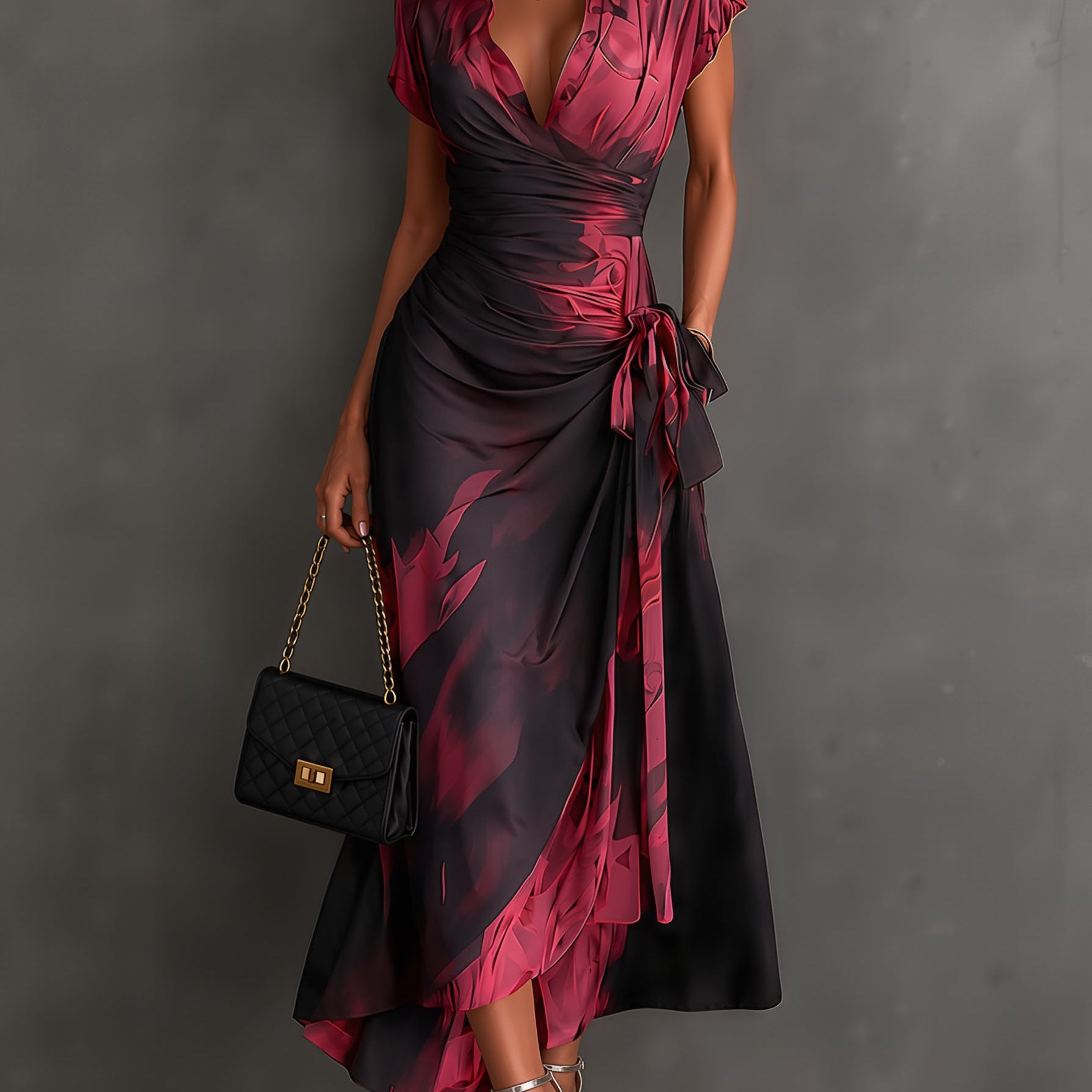 Red Black Abstract Print Wrap Midi Dress Collared V Neck Short Sleeve Tie Waist Ruffled High‑Low Hem Dress