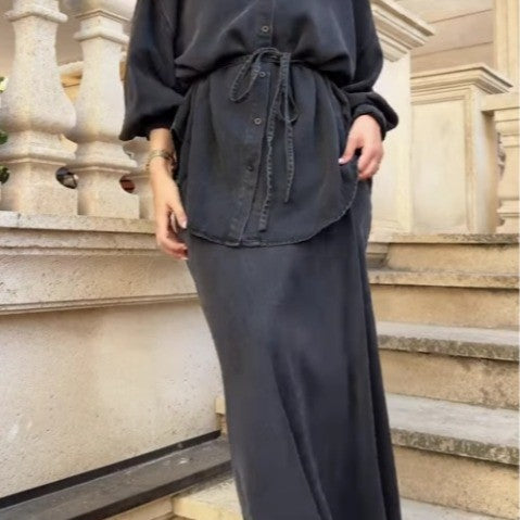 Long-sleeved Tie-Drawstring Shirt and Skirt Set