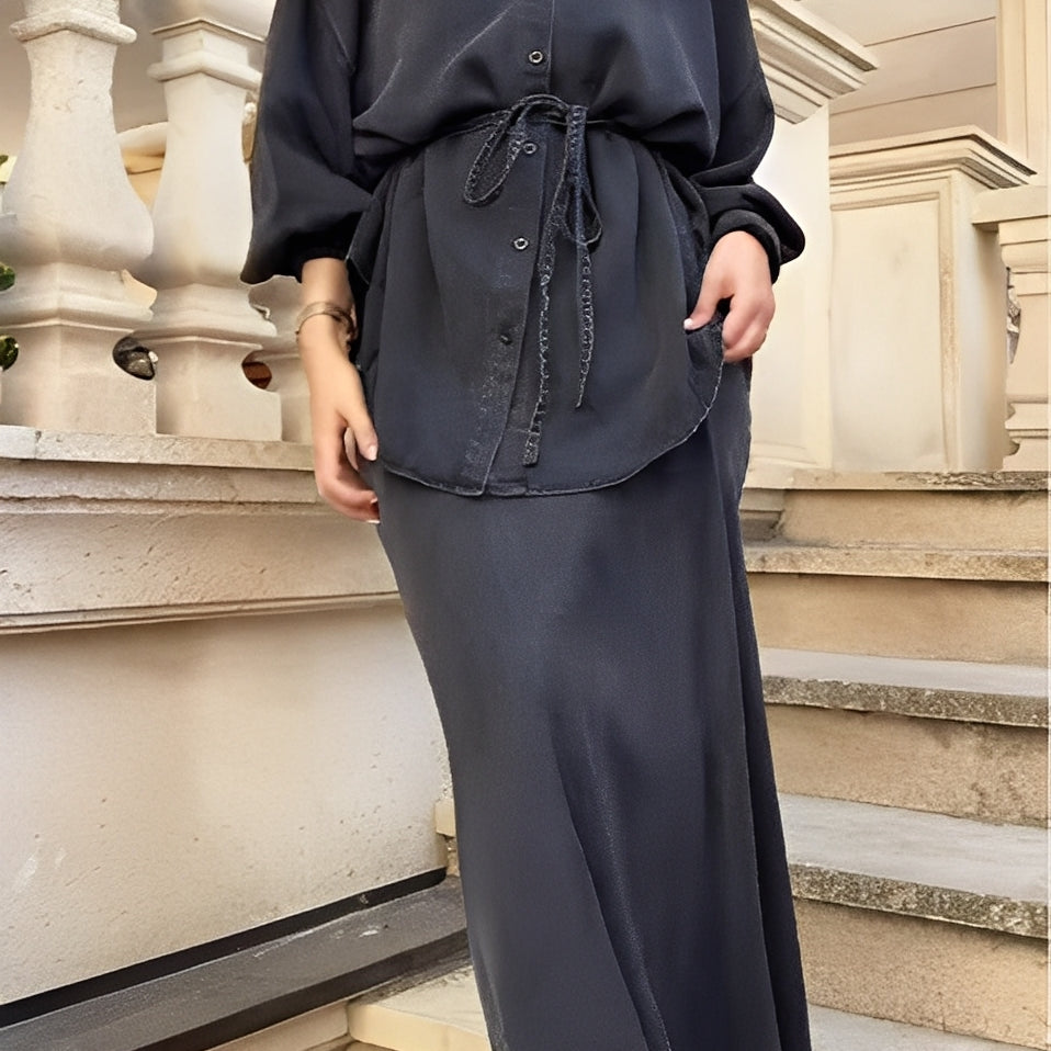 Long-sleeved Tie-Drawstring Shirt and Skirt Set