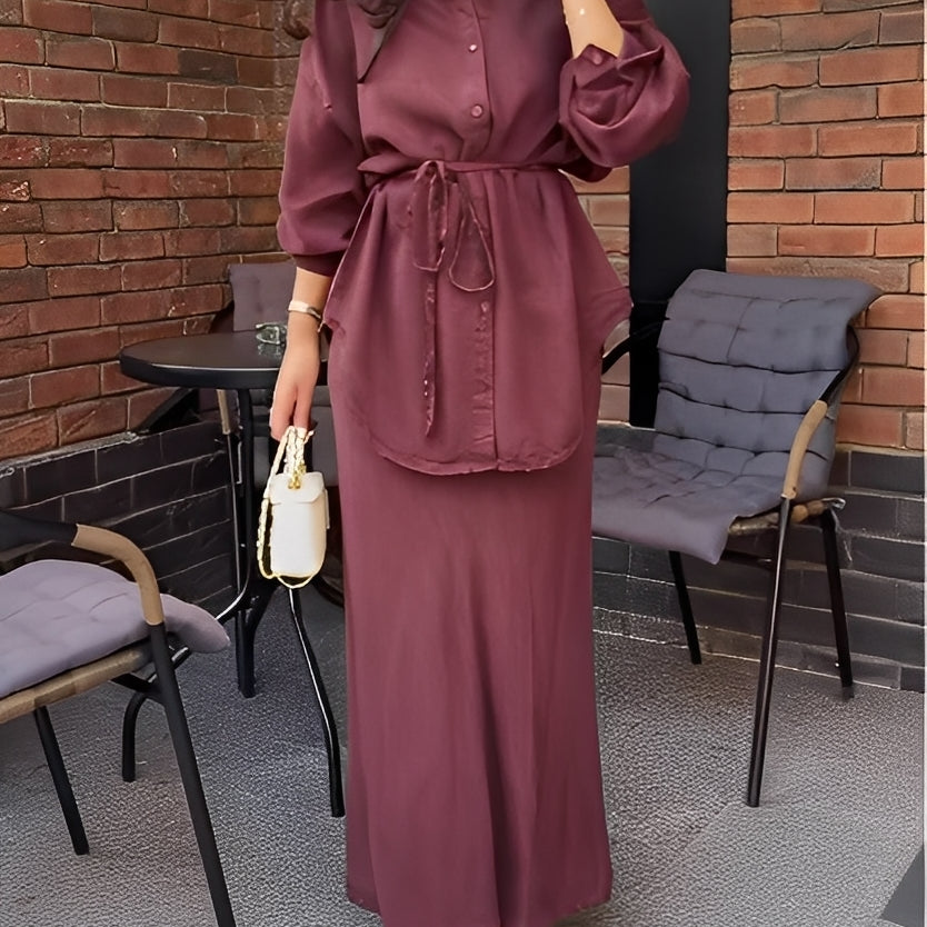 Long-sleeved Tie-Drawstring Shirt and Skirt Set