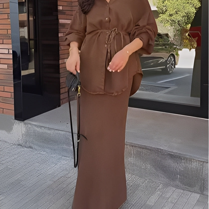 Long-sleeved Tie-Drawstring Shirt and Skirt Set