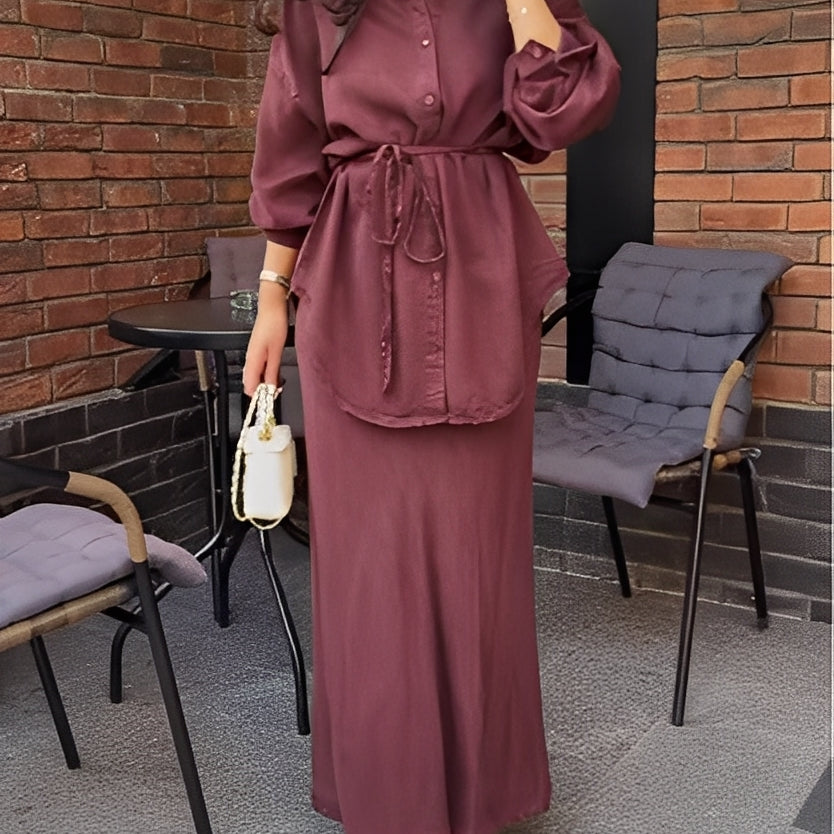 Long-sleeved Tie-Drawstring Shirt and Skirt Set
