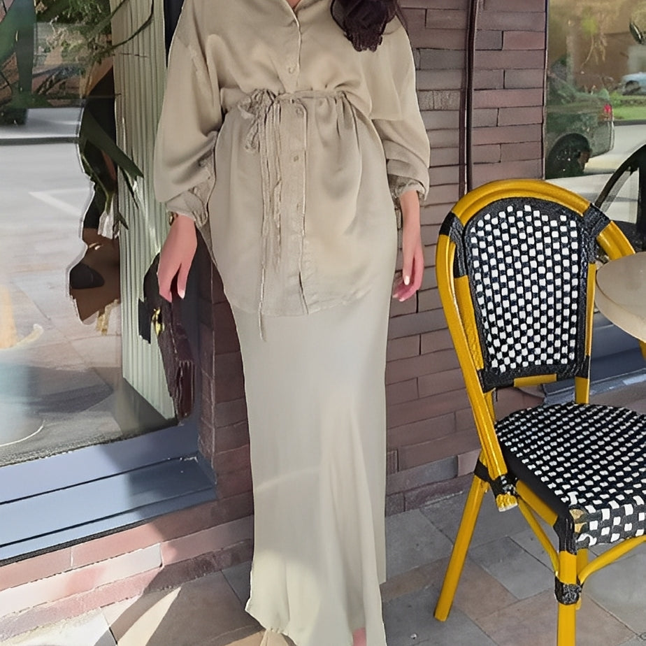 Long-sleeved Tie-Drawstring Shirt and Skirt Set