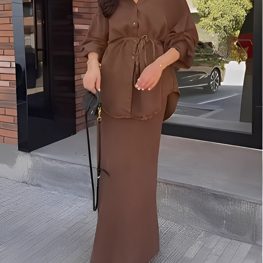 Long-sleeved Tie-Drawstring Shirt and Skirt Set
