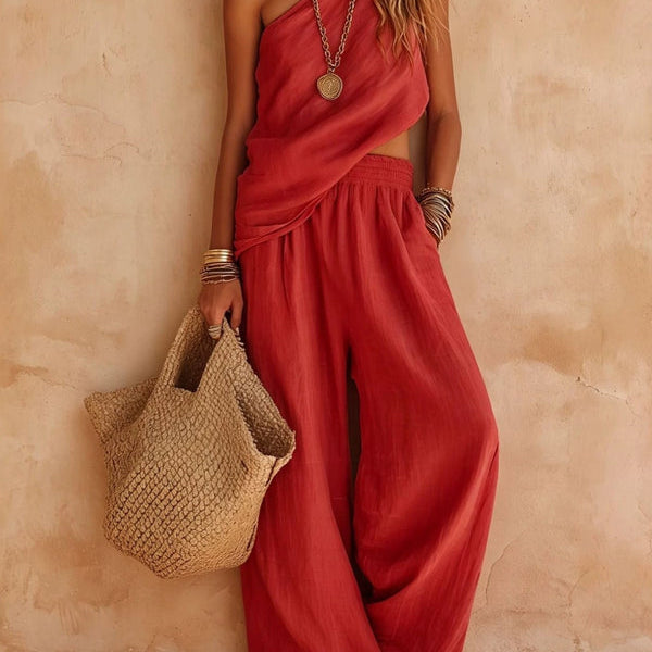 Pink One-shoulder Sleeveless Top And Pants Casual Set