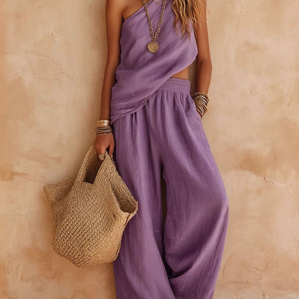 Pink One-shoulder Sleeveless Top And Pants Casual Set
