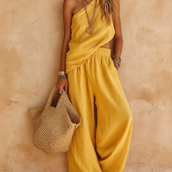 Pink One-shoulder Sleeveless Top And Pants Casual Set