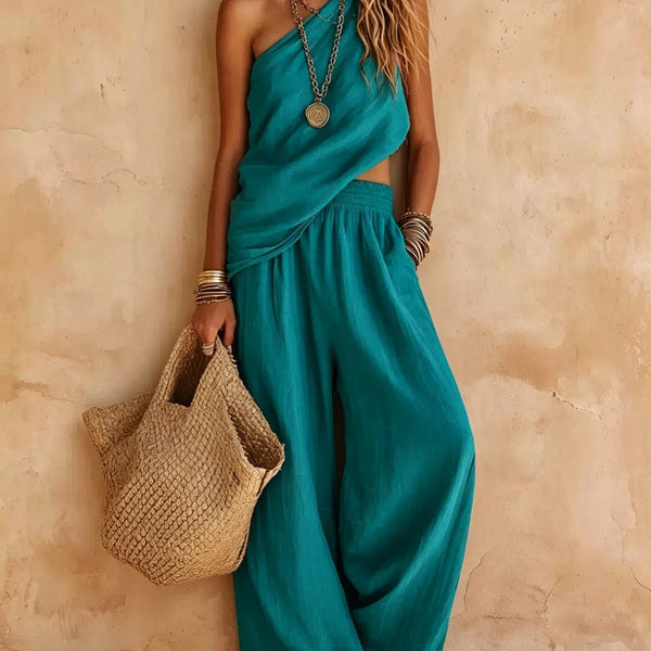 Pink One-shoulder Sleeveless Top And Pants Casual Set
