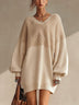Beige V-neck oversized mini dress with fleece paneling