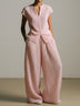 Minimalist pleated short-sleeve top and wide-leg trousers set