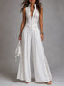 Vintage stand-collar wide-leg jumpsuit with lace paneling