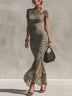 Grey irregularly shaped pleated dress with a slanted collar