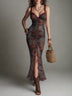 Elegant Printed Mesh Ruffled Maxi Dress with Lace Trim