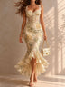 Romantic Floral Midi Mermaid Dress with Lace Trim