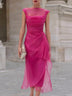 Elegant Pink Draped Sheer Layered Satin Midi Dress
