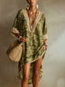 Green Camouflage Print V-Neck Mini Dress with Lace Splicing