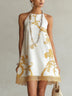 White Gold Printed Lace Trim Mini Dress