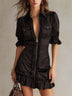 Black Satin Stand-Up Collar Zipper Ruffled Mini Dress
