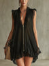 Black Pleated Chiffon Mini Dress with Lace Trim and Front Zipper