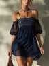 Navy Printed Chiffon Off-Shoulder Cropped Dress