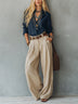 Casual Navy Long-Sleeve Shirt Paired With Khaki Trousers (Belt Included)