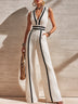 Color-Block Piping V-Neck Sleeveless Wide-Leg Jumpsuit