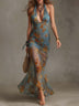 Vintage floral sheer stretchy mesh halter-neck pleated fishtail maxi dress