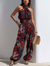 Red and Blue Abstract Print Crisscross Halter Jumpsuit