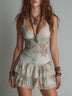 Retro Oil Painting Floral Print Mini Dress With Lace Trim