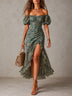 Green floral off-the-shoulder maxi dress with a slit and ruffled hem